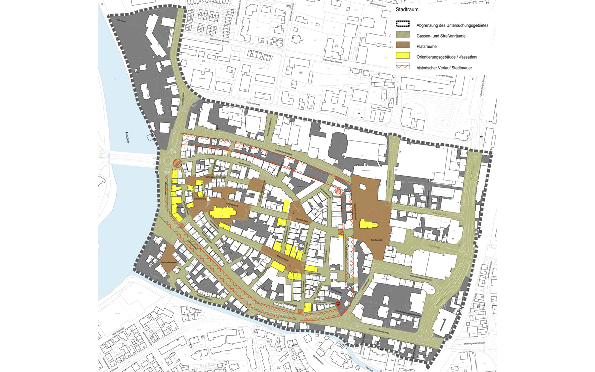 Plan zu unterschiedlichen Stadträumen in der Altstadt Nürtingen