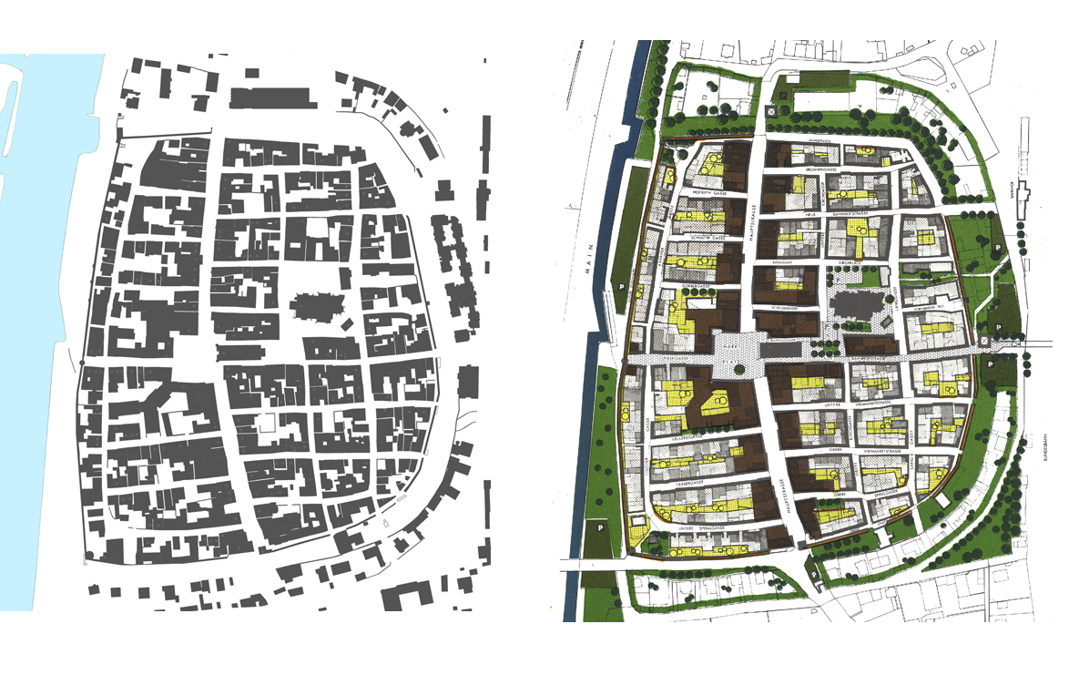 Altstadtkern Karlstadt, Schwarzplan (links) und Rahmenplan (rechts)