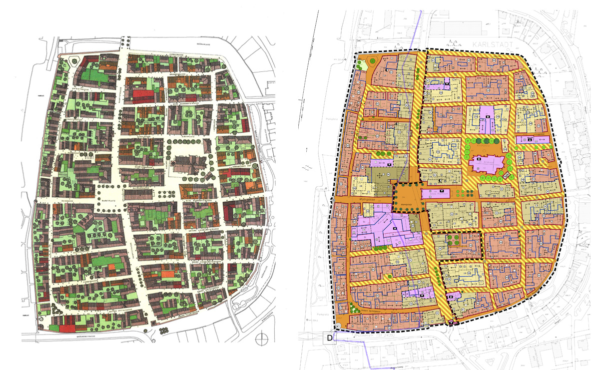Altstadtsanierung Karlstadt, Neuordnungskonzept (links) und Bebauungsplan (rechts)